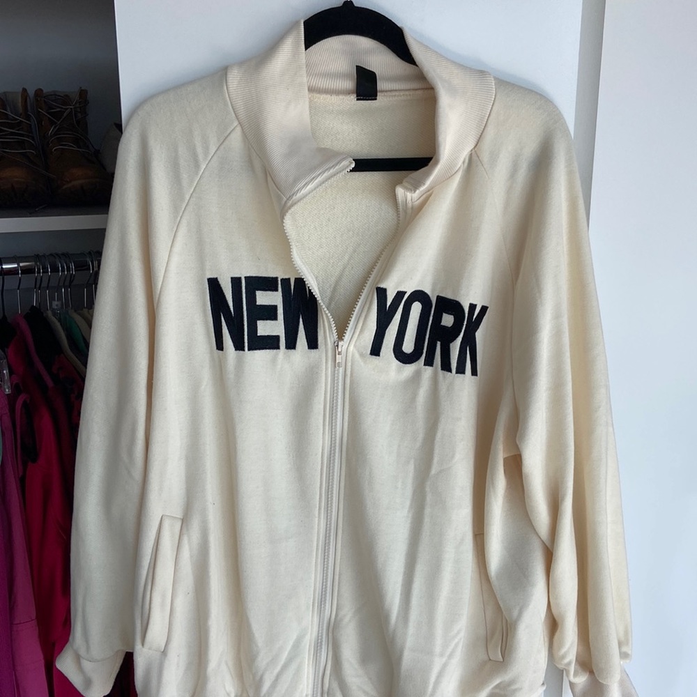 NEW YORK Embroidered Light Yellow Zip Up Sweatshirt